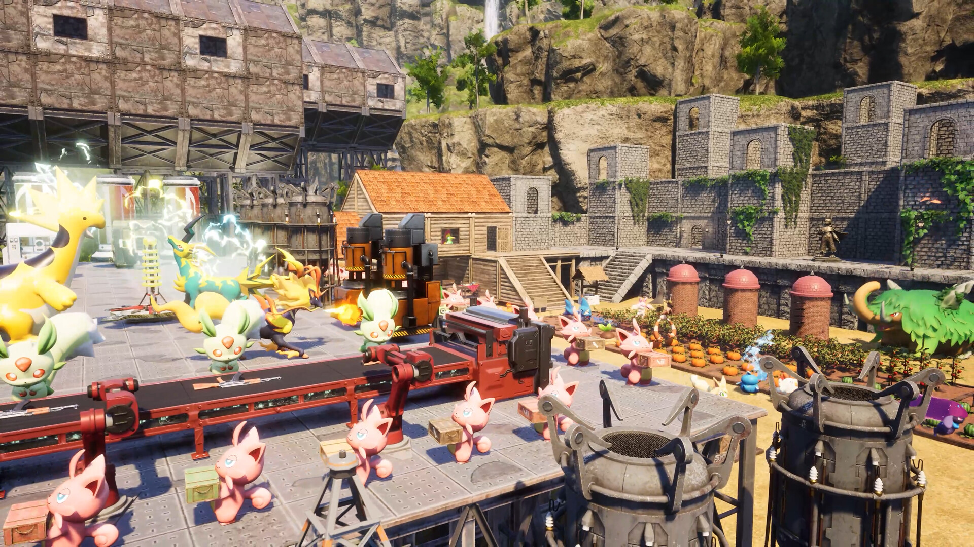 Pals working among production lines, crops, power units, and buildings at a Palworld base