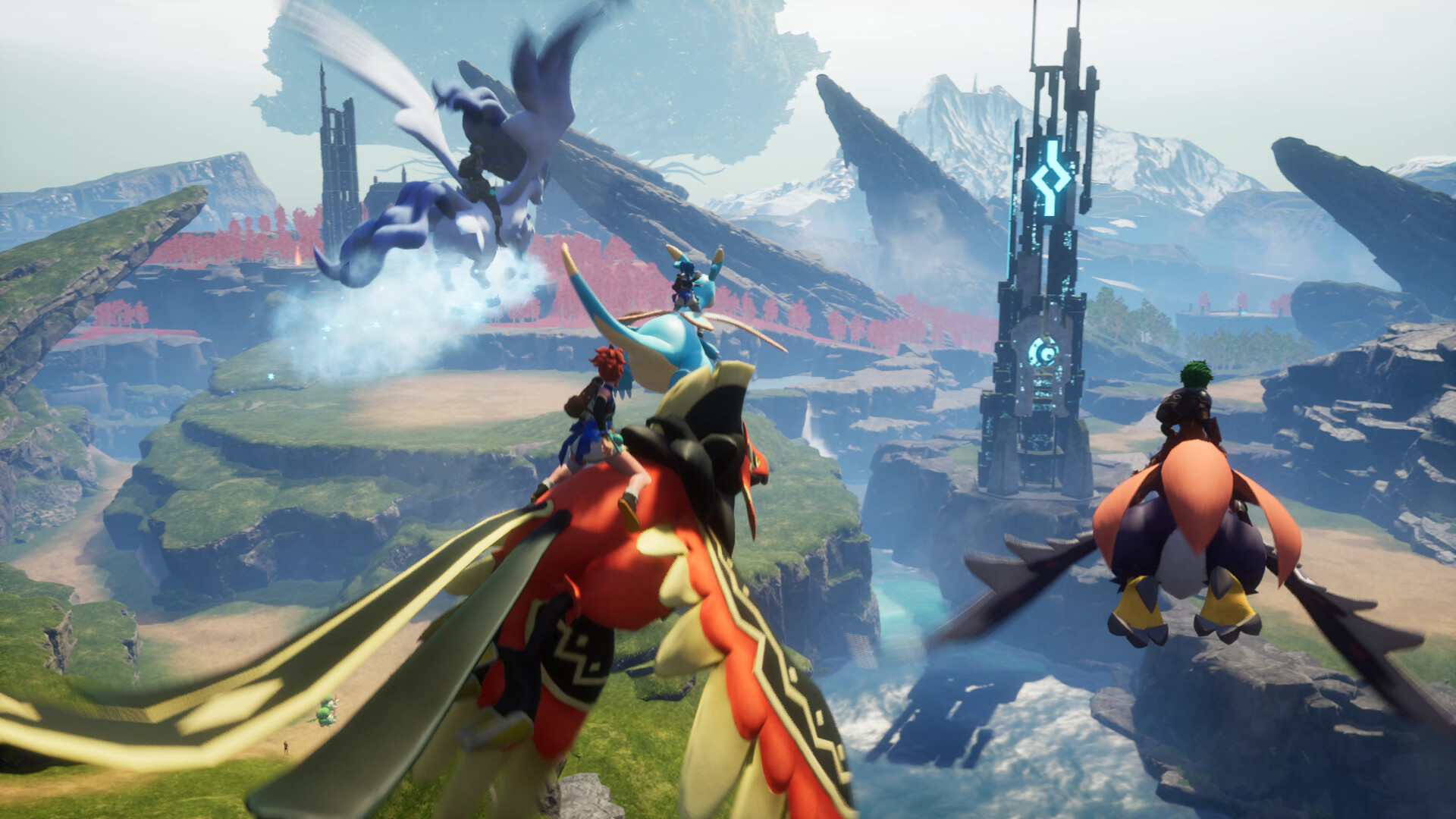 Players flying across Palworld's open landscape on mounted Pals