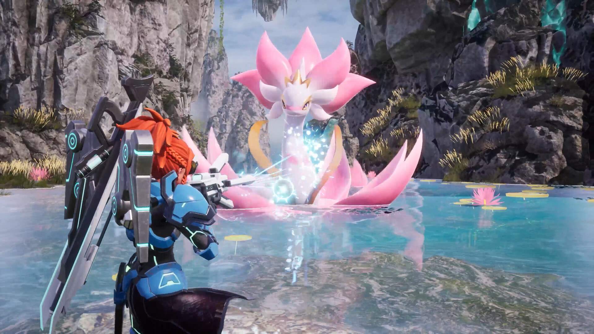 A Palworld player confronting a large pink Pal beside the water